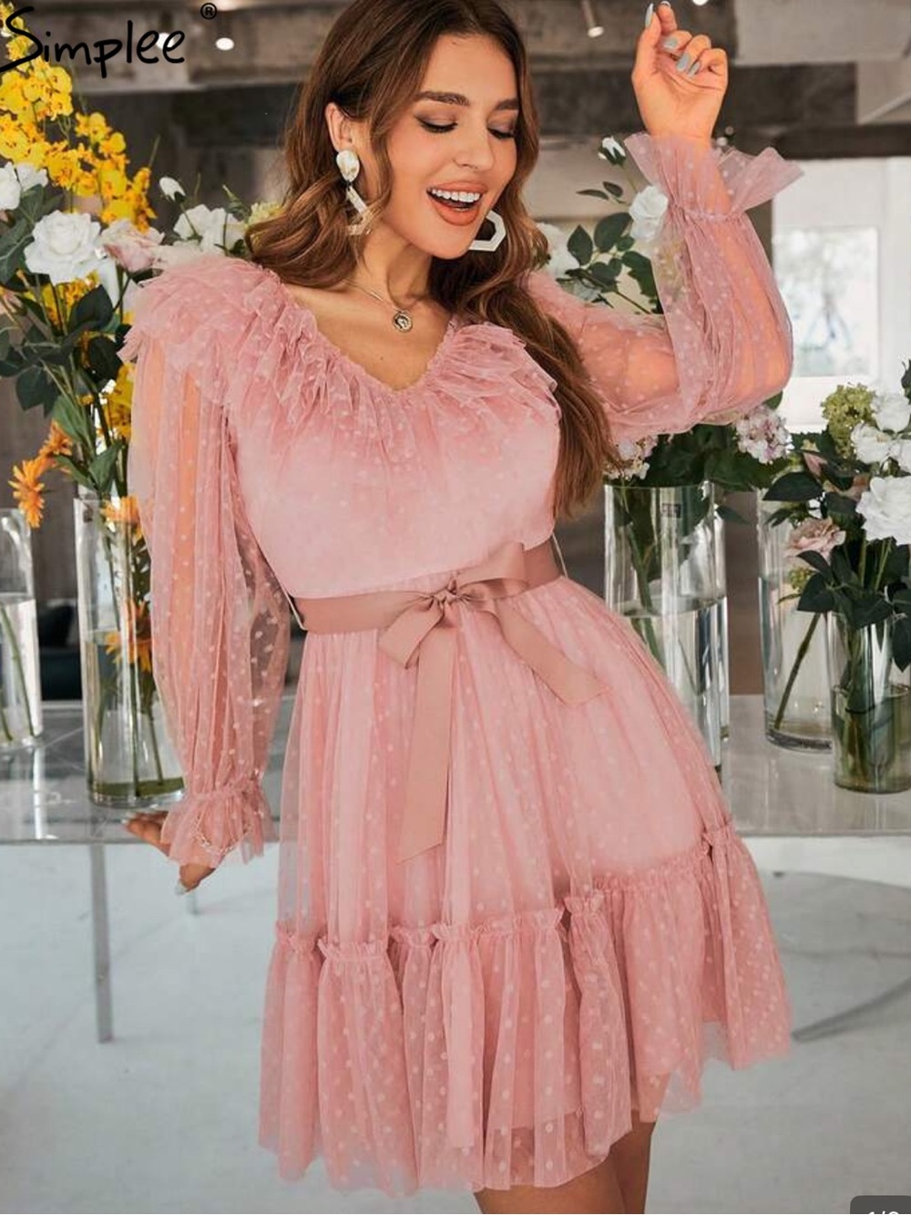 Pink Polka Dot Ruffle Mesh Mini Dress with Bow